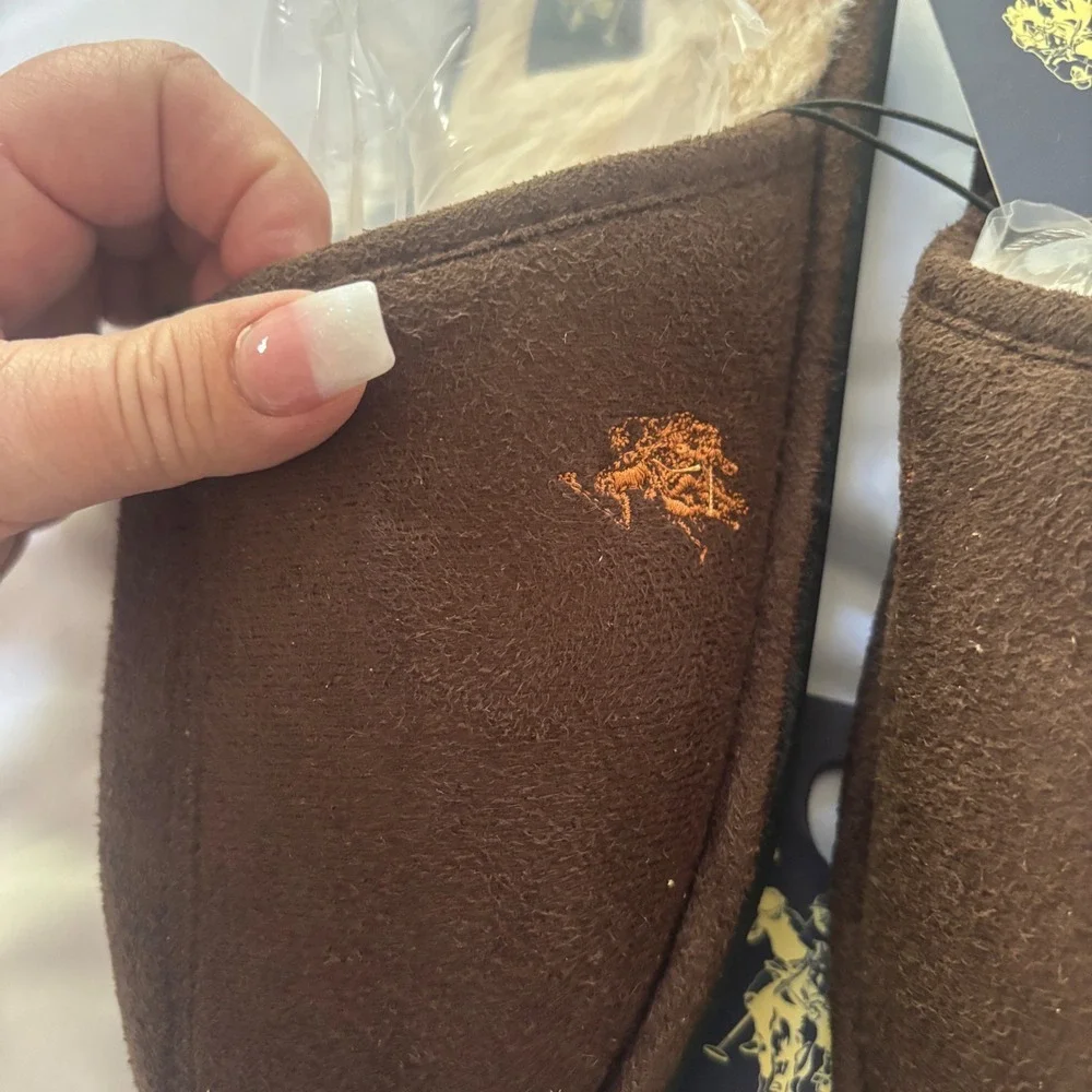 US Polo Assn‎ Mens Suede Faux Fur Lined Scuff Slippers Brown Size S 7/8 NEW